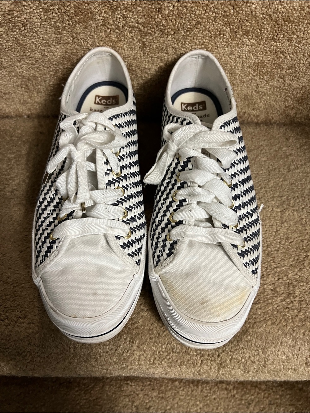 Keds White and Navy Woven Canvas Low-Top Sneakers